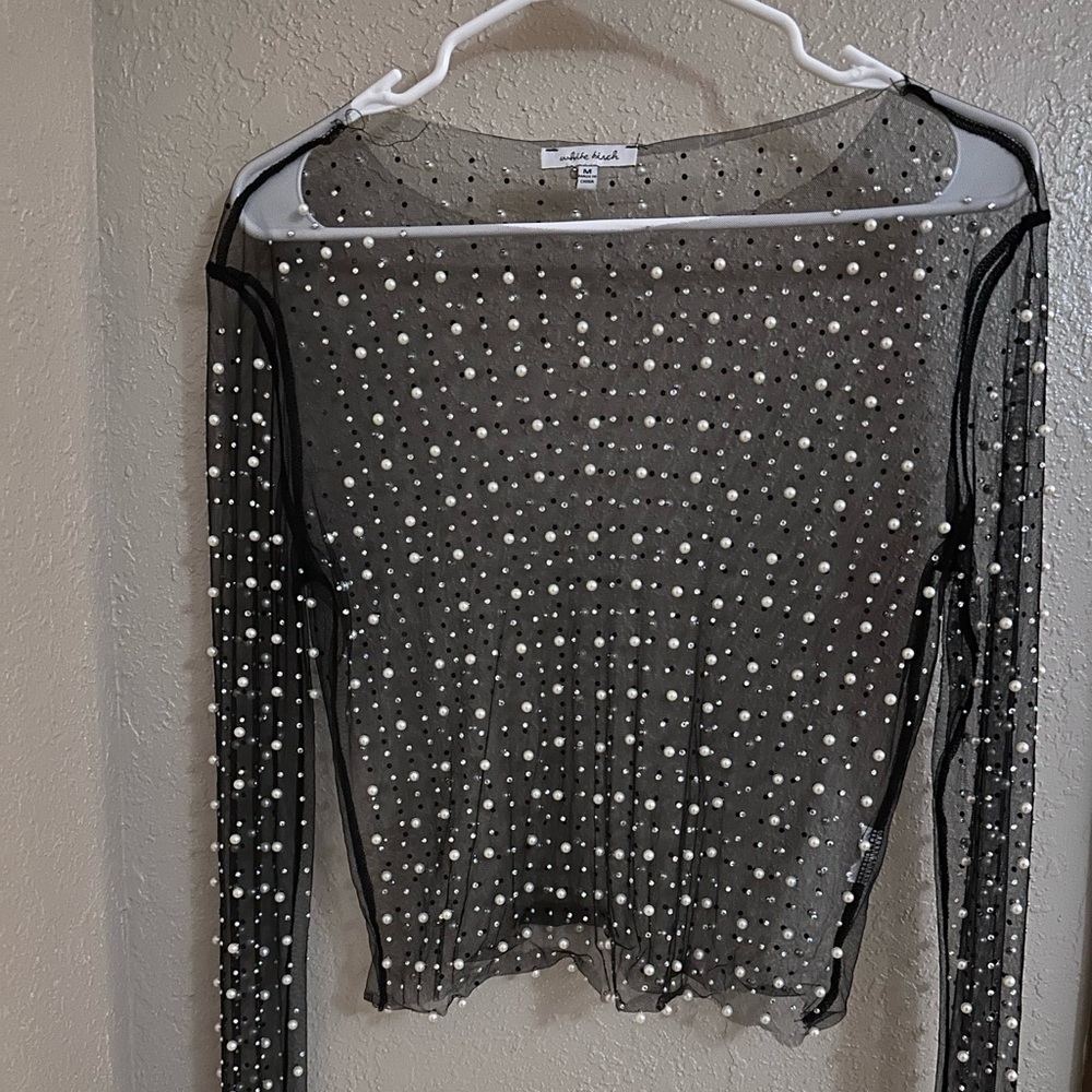 White Birch Black Sheer Pearl-Studded Blouse